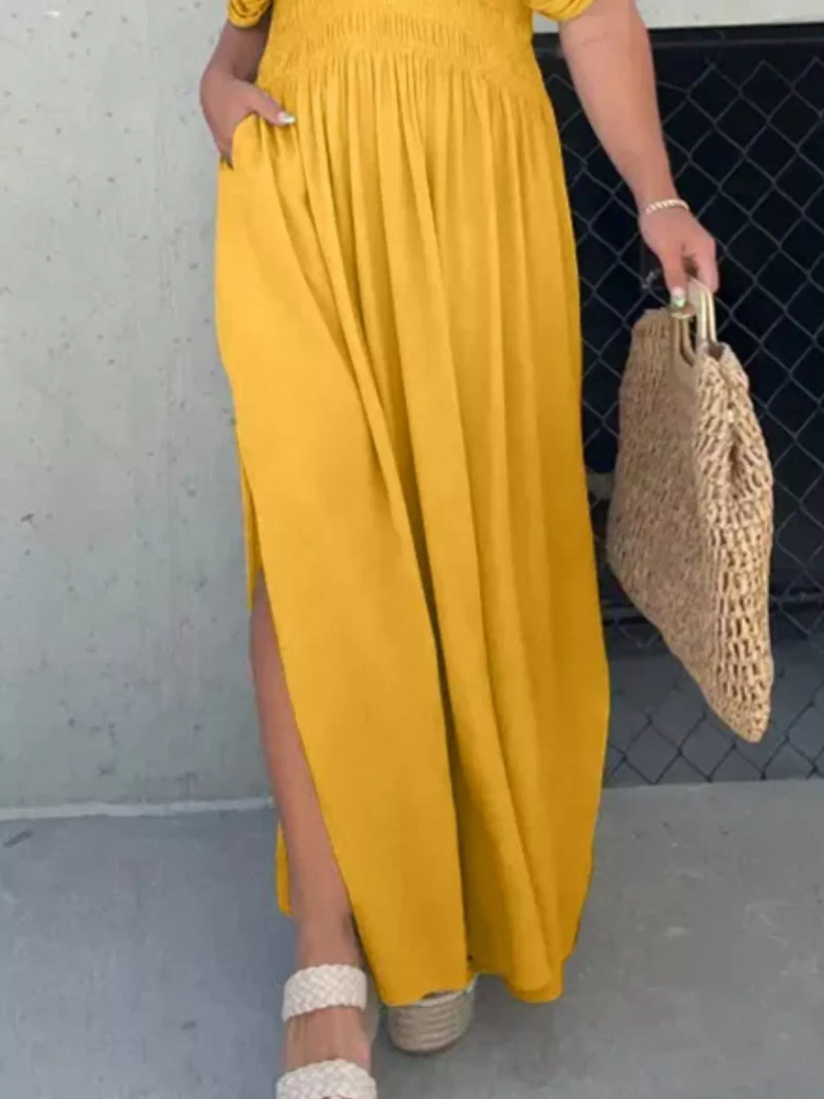 Slit V neck smocked waist maxi dress three quarter view