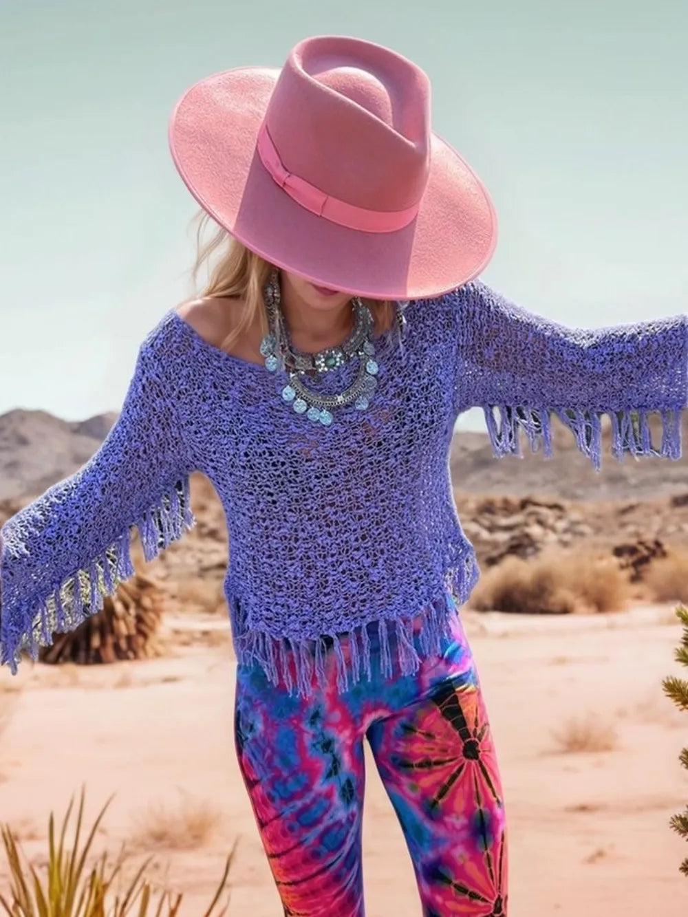 Purple tassel boat neck knit kimono cover up front