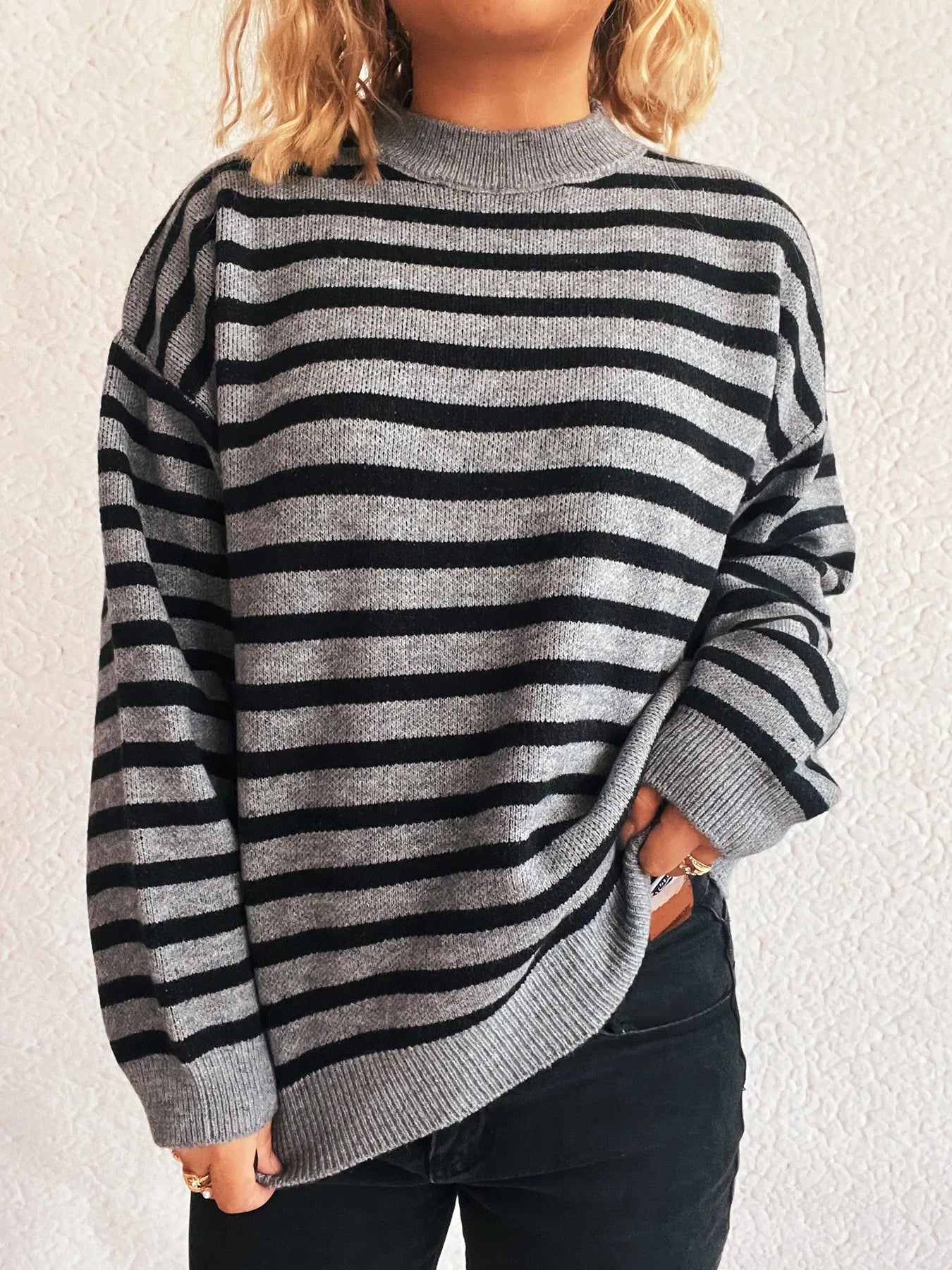 Striped Mock Neck Long Sleeve Sweater - Fashorio