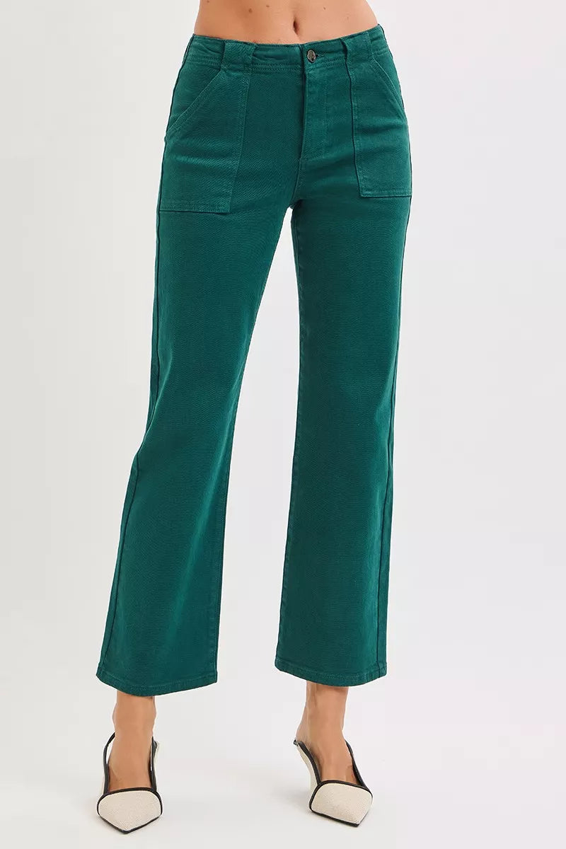 RISEN high rise ankle flare jeans in hunter green front view
