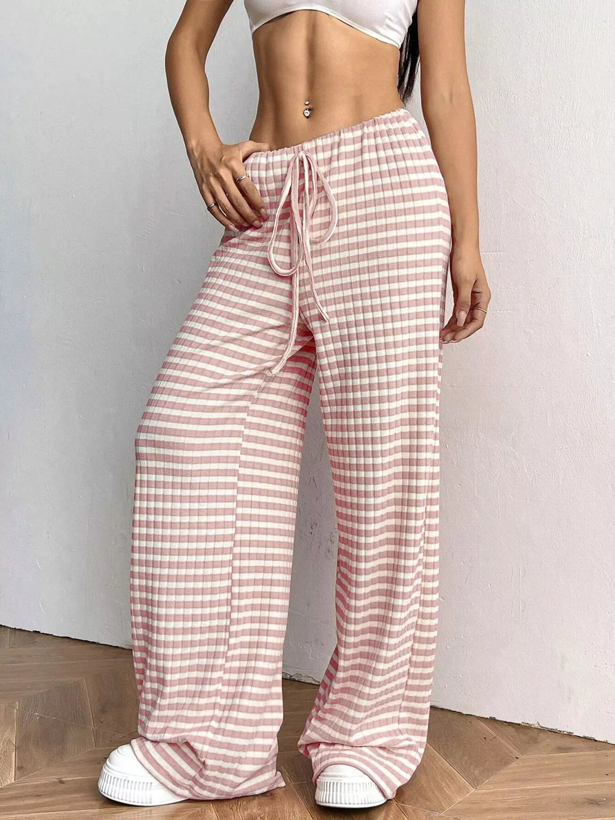 Striped ribbed knit wide leg pants front view
