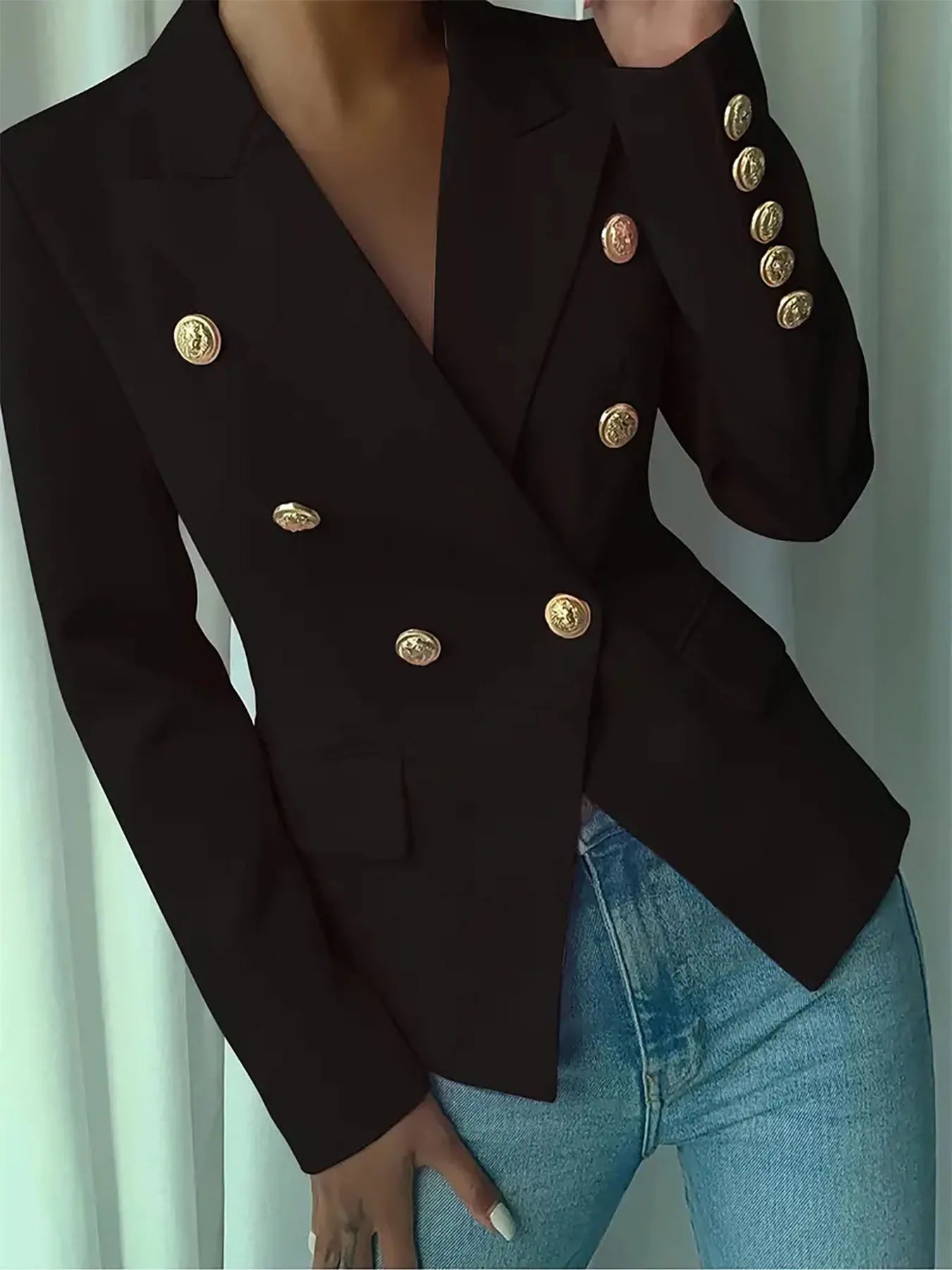 Decor Button Lapel Collar Blazer Black - Fashorio