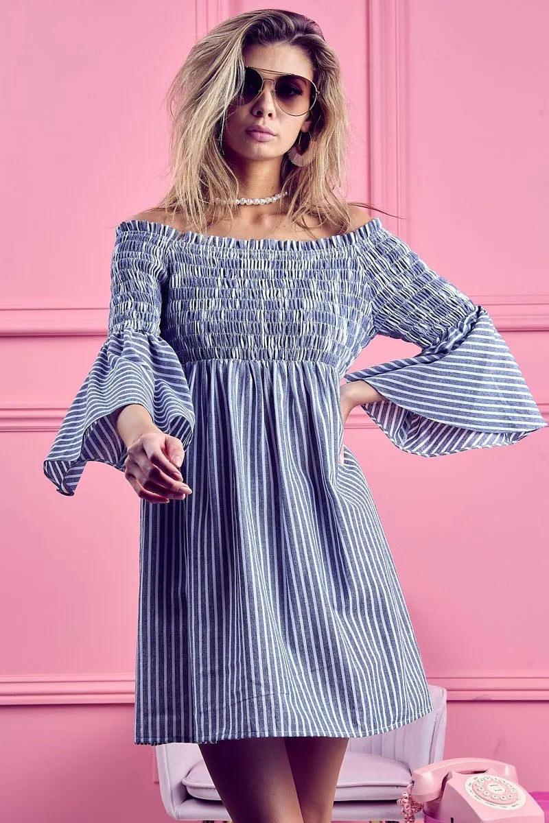 Smocked Off Shoulder Striped Dress side view