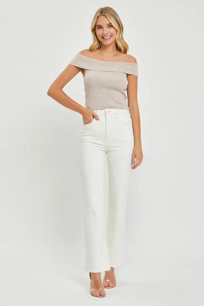 RISEN High Rise Tummy Control Straight Jeans – Raw Hem Denim - Fashorio