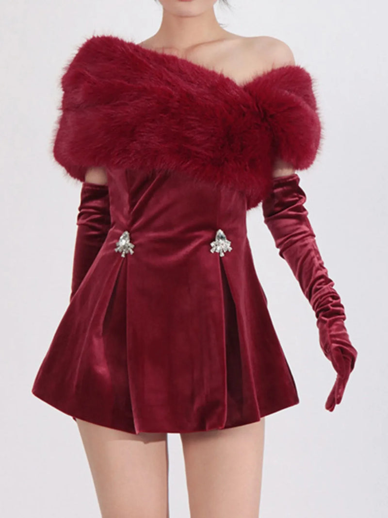Fuzzy off shoulder mini dress front view in red