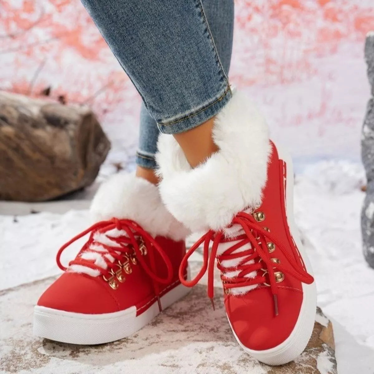 Fuzzy trim lace up ankle boots instep detail