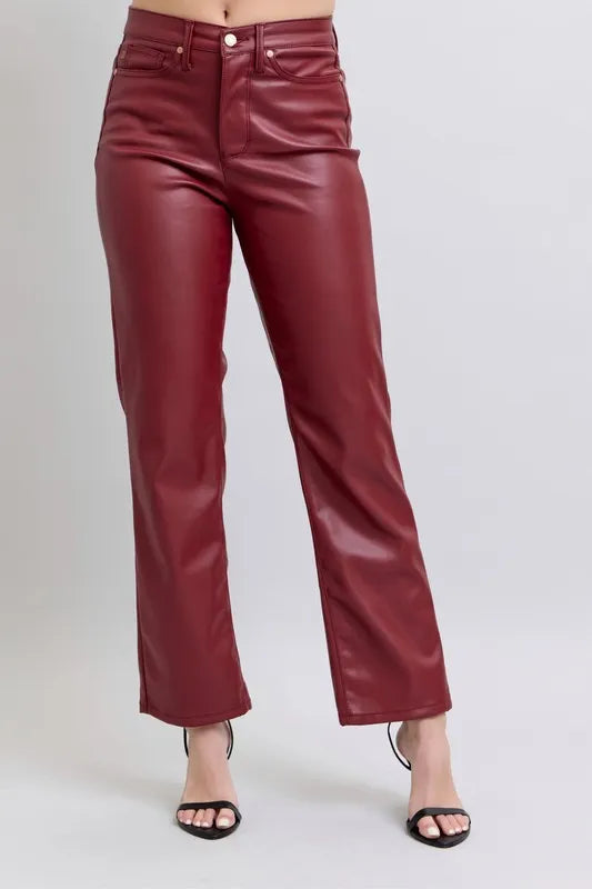 Judy Blue Full Size High Waist Tummy Control Faux Leather Straight Pants Plus Size - Fashorio