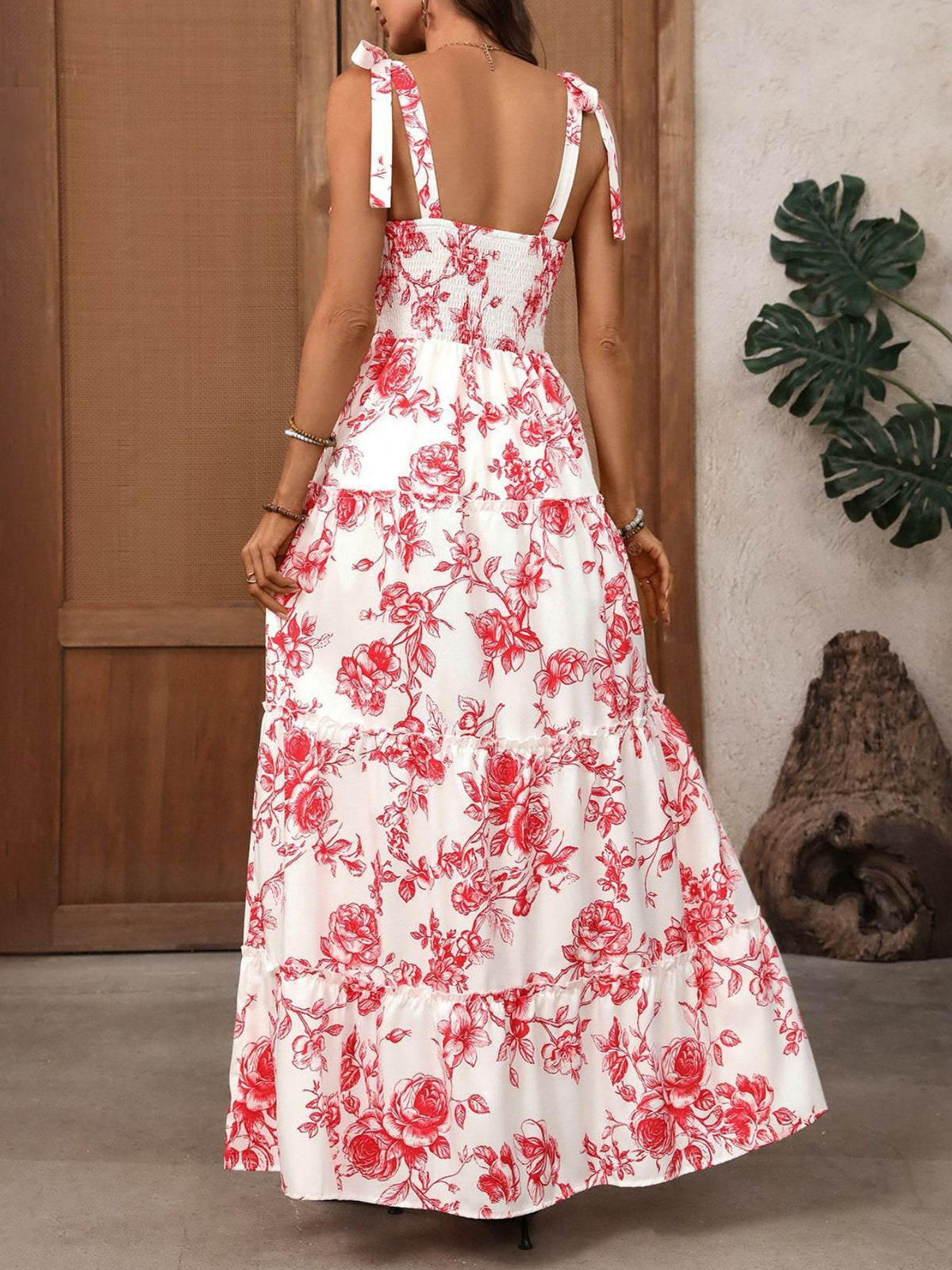 red floral tie strap maxi dress styled look