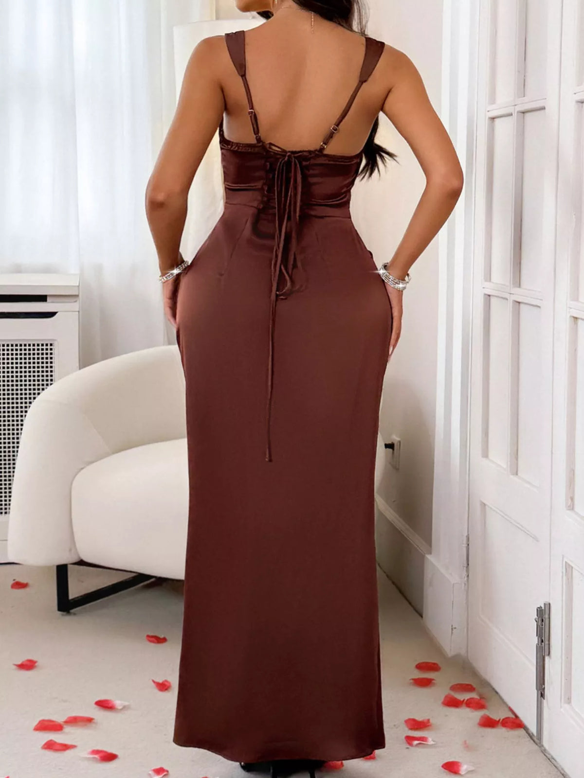 Satin slip maxi dress side drape
