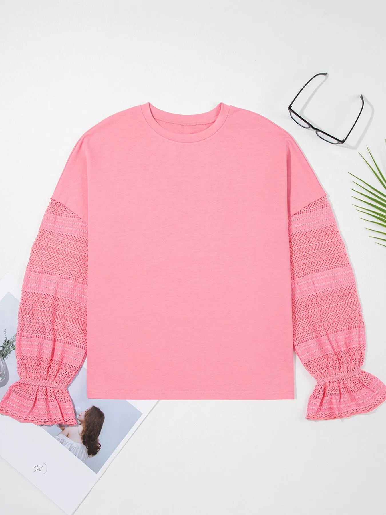 Lace Detail Flounce Sleeve Sweatshirt - Fashorio