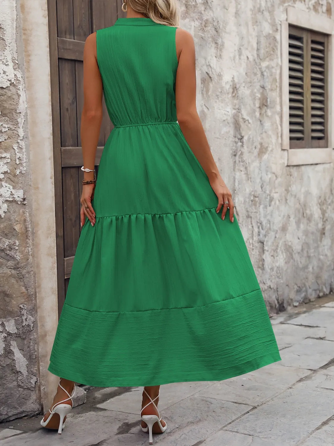 Notched sleeveless maxi tank dress, close styled view