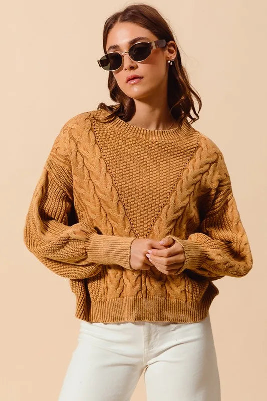 Mineral Wash Cable Knit Loose Fit Sweater in Vintage Camel