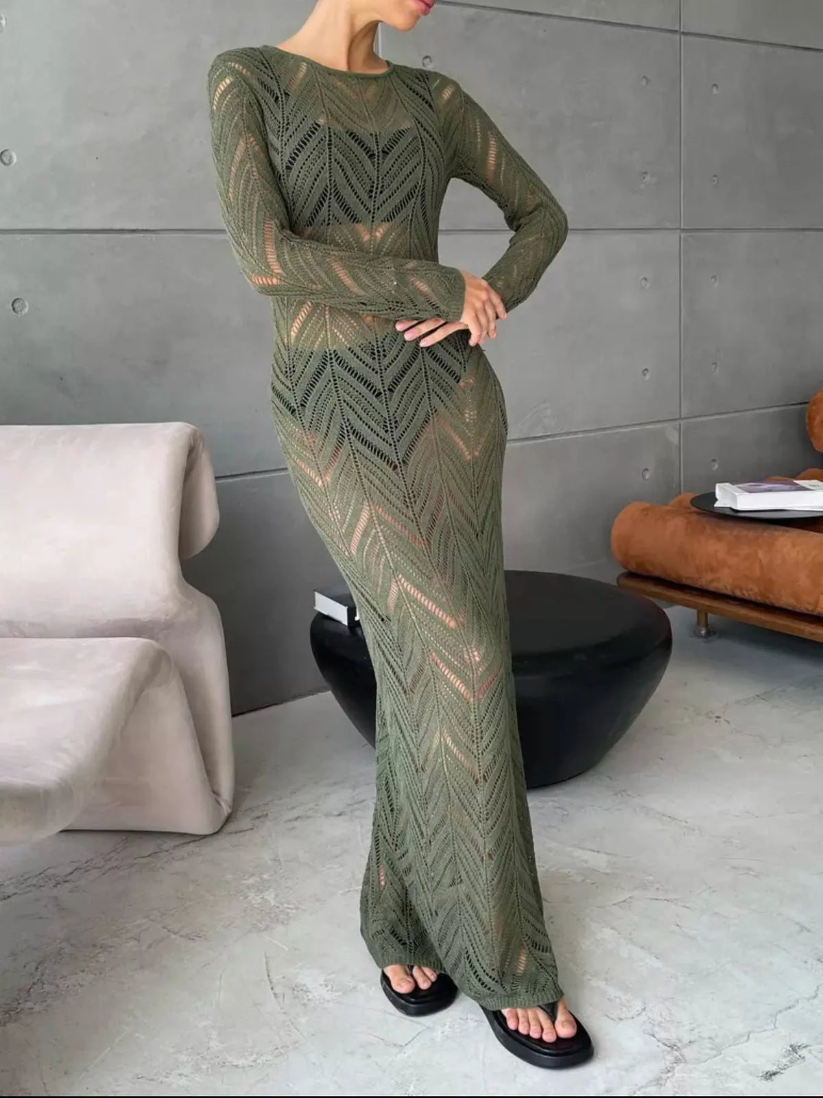 openwork knit long sleeve cover up maxi dress on model