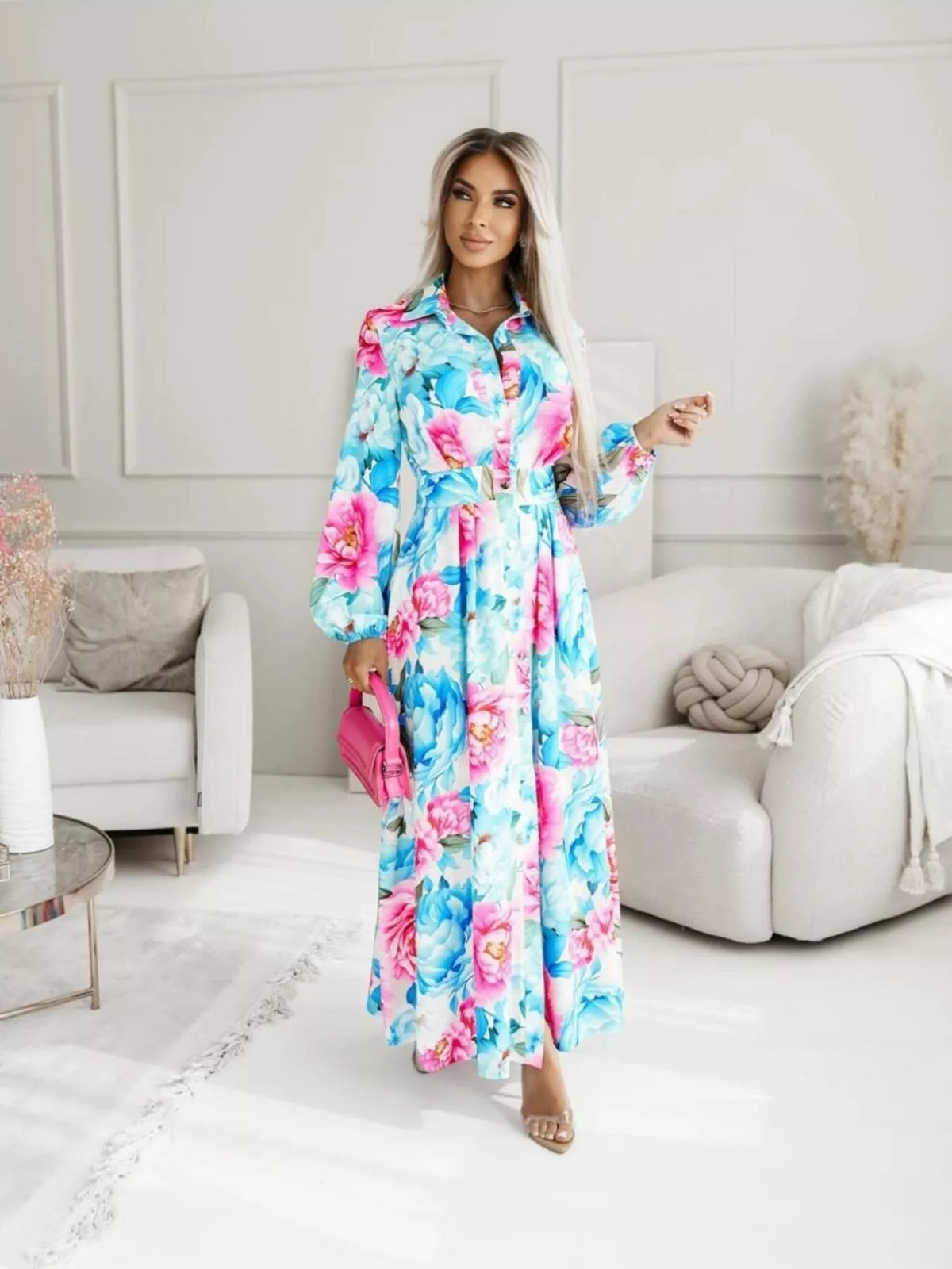 Printed button front maxi shirt dress full length view