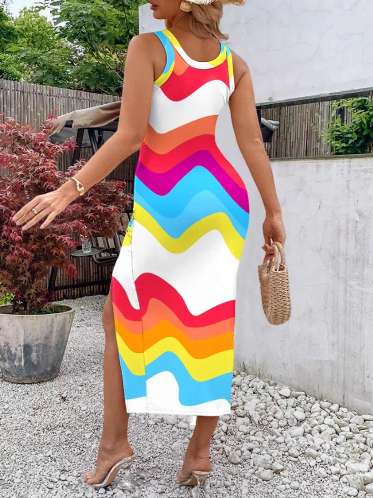 Ruched slit sleeveless midi dress side view