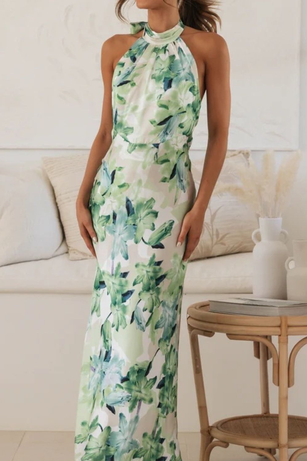 floral halter neck maxi dress with leg slit front view