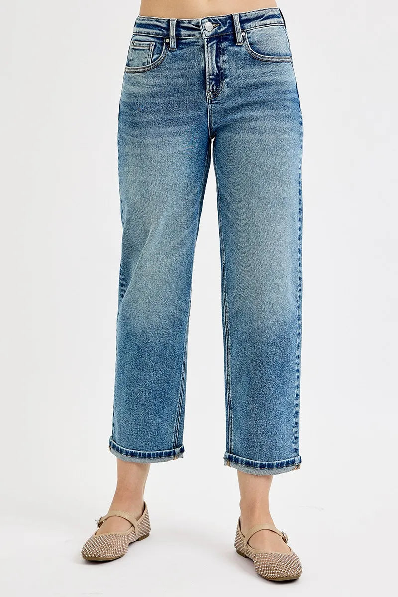 RISEN high rise crop boyfriend jeans in medium wash front view
