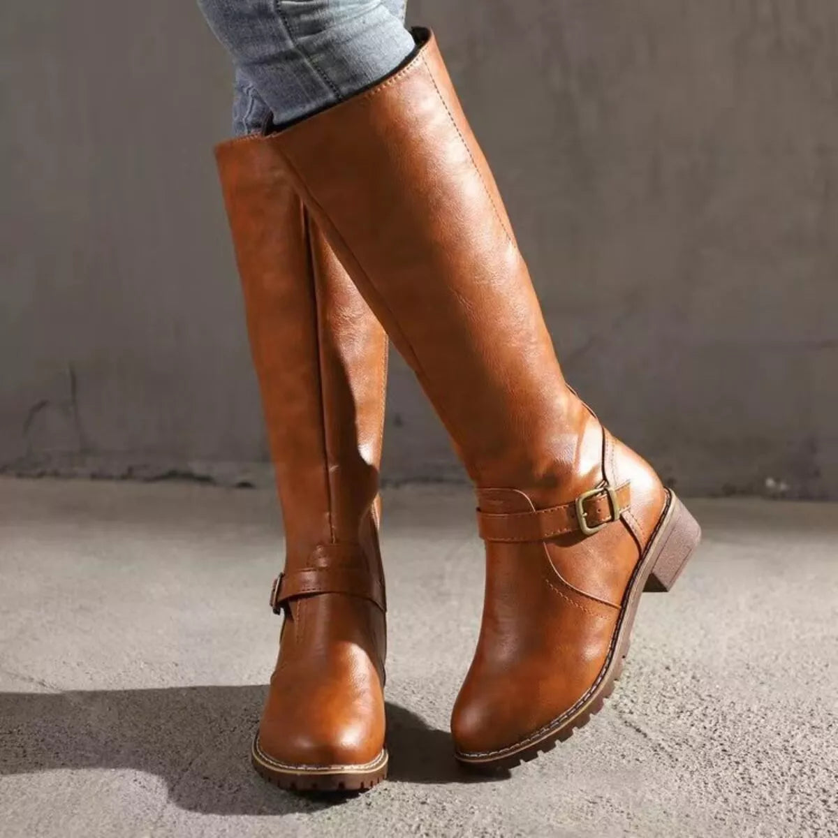 Round toe block heel boots front view