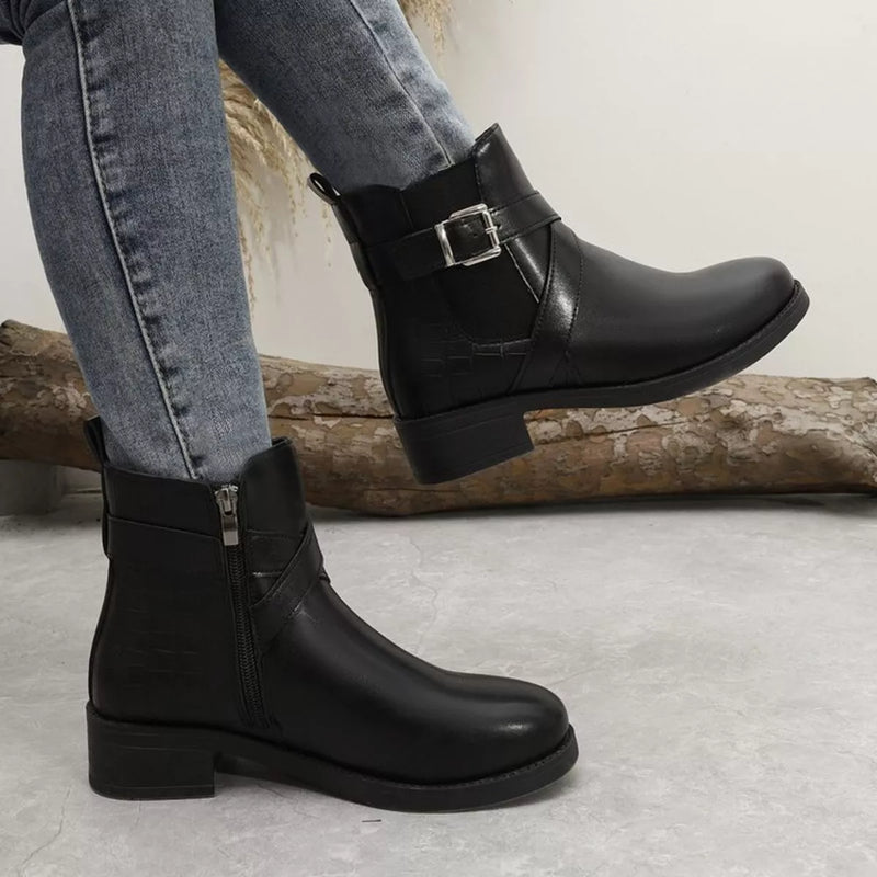 Black round toe block heel boots front view