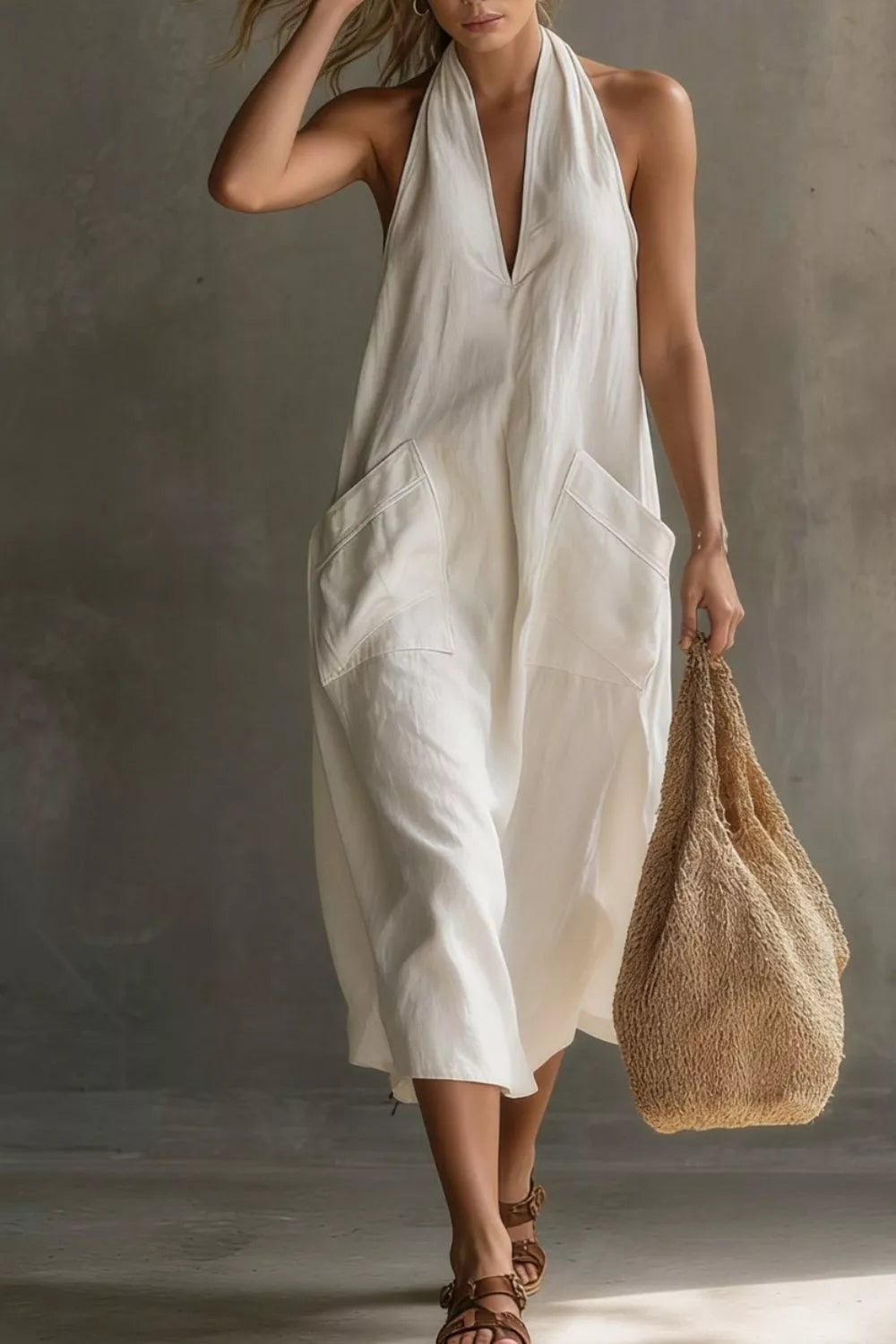 Halter neck pocket midi dress, styled look