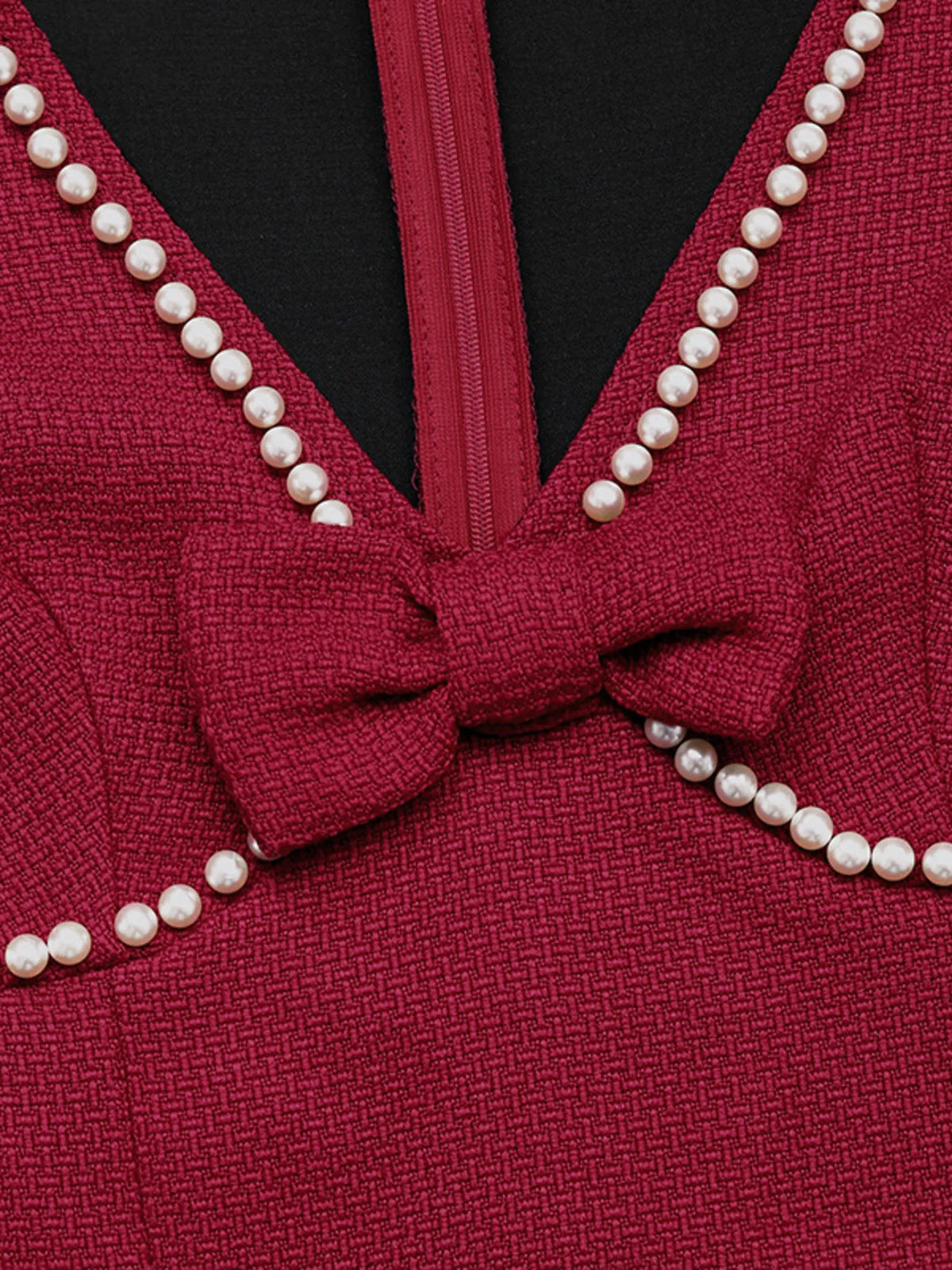 Red pearl trim V neck long sleeve bodycon dress styled look