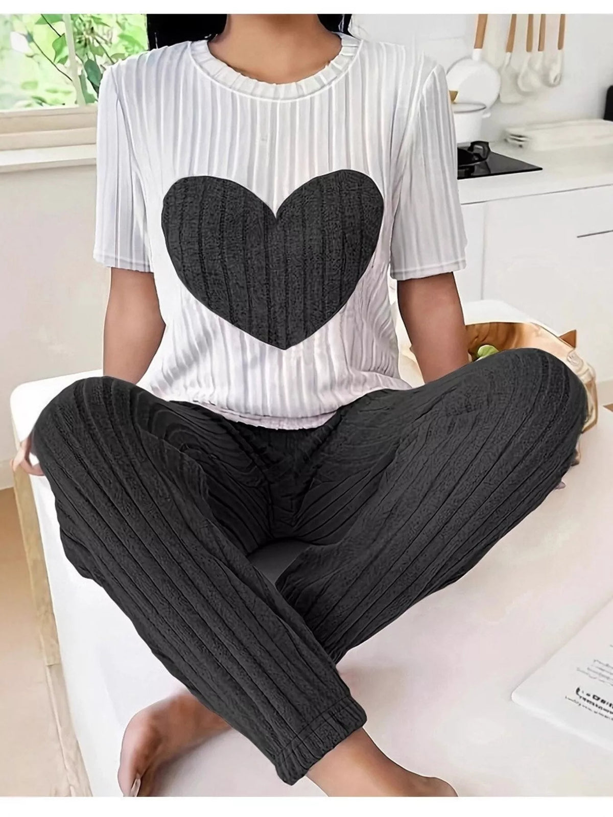 Heart ribbed knit coordinated set full look
