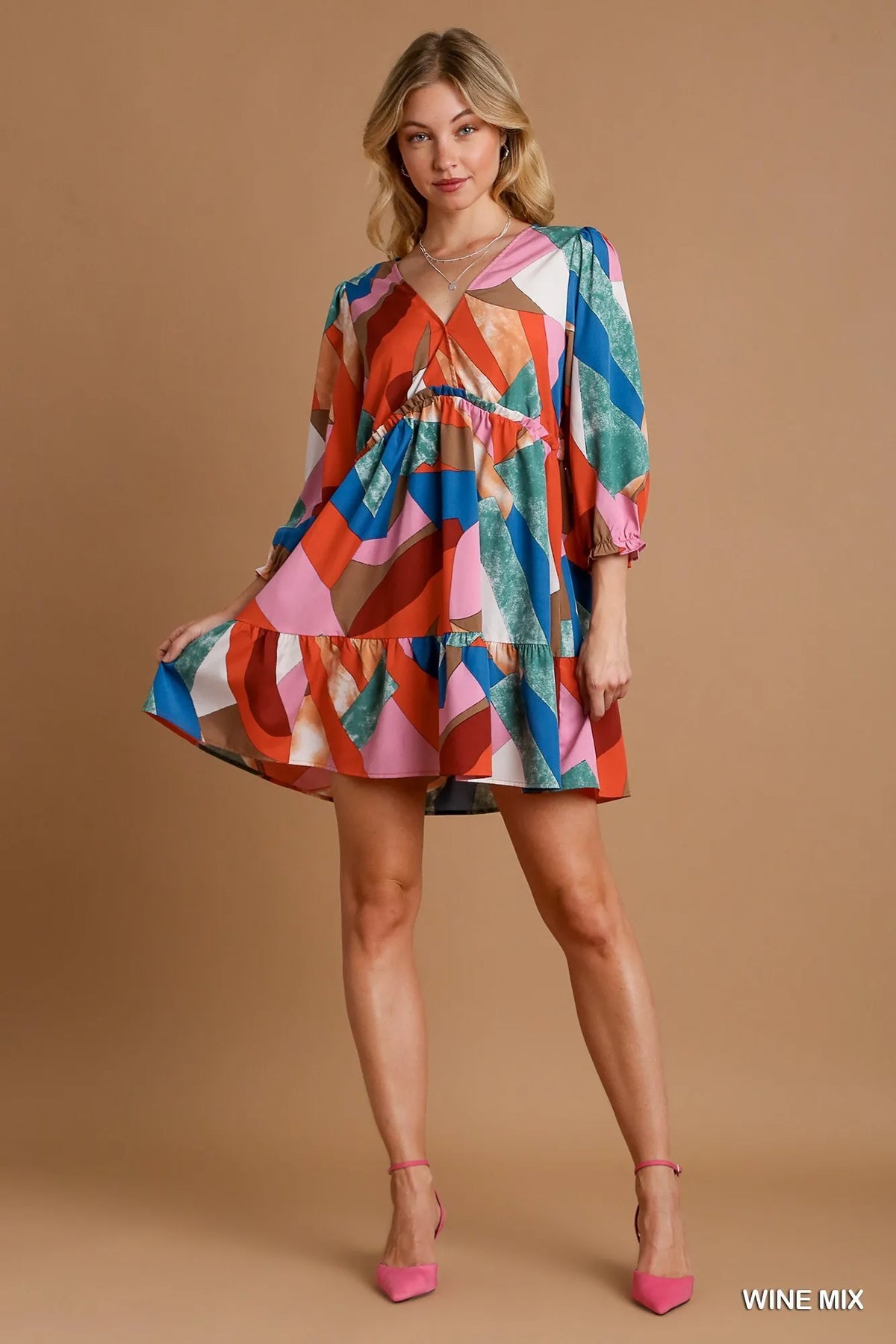 Abstract Print V Neck Tiered Dress in Wine detail