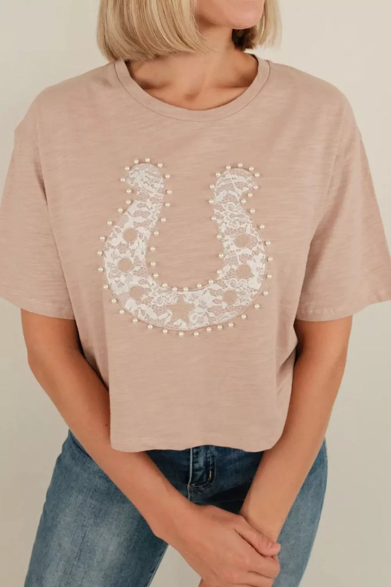Blush lace and pearl trim t shirt front view
