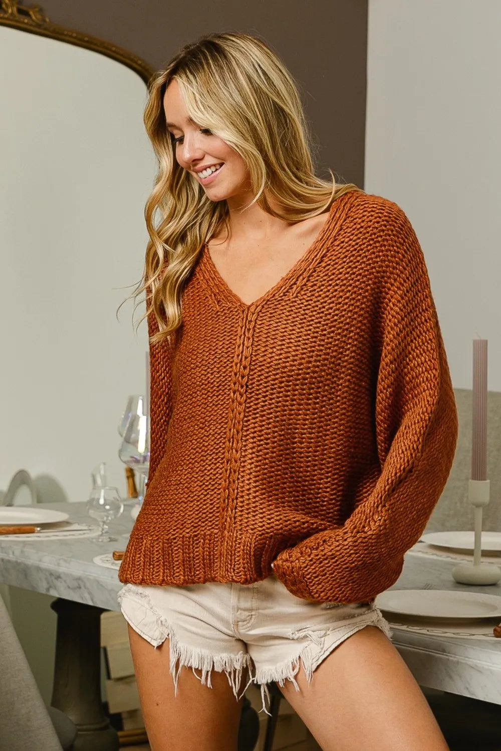 V Neck Cable Knit Sweater in Cinnamon detail