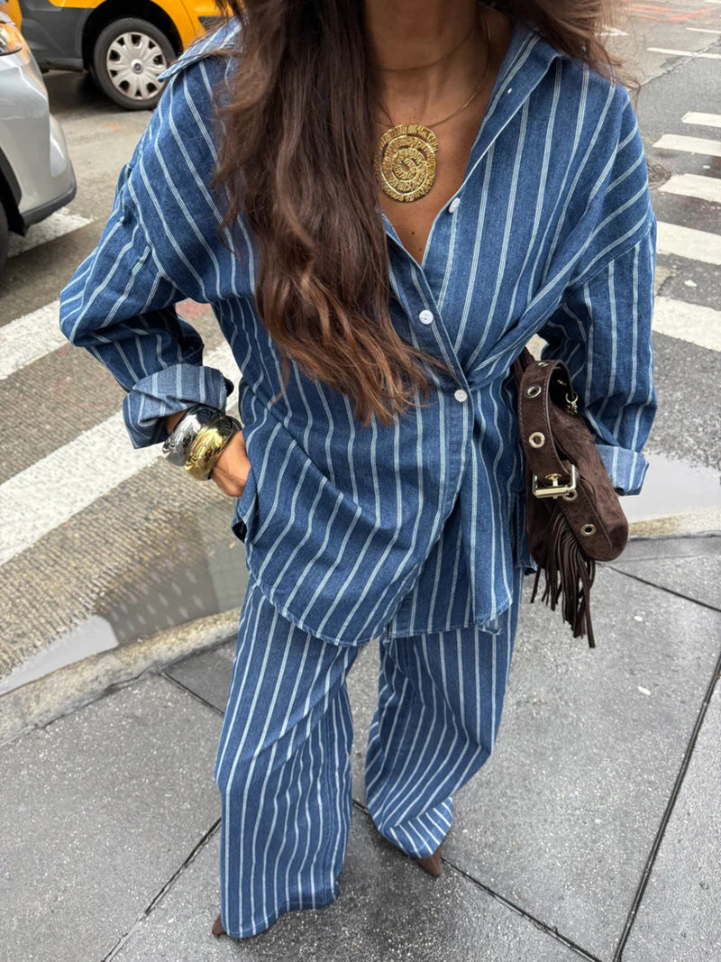 Dusty blue striped button up shirt and pants set front view