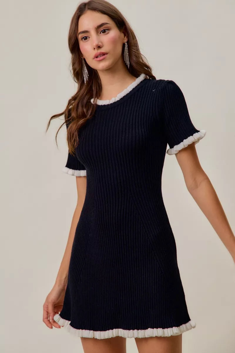 Ruffled Contrast Sweater Knit Mini Dress in Black and White styled look