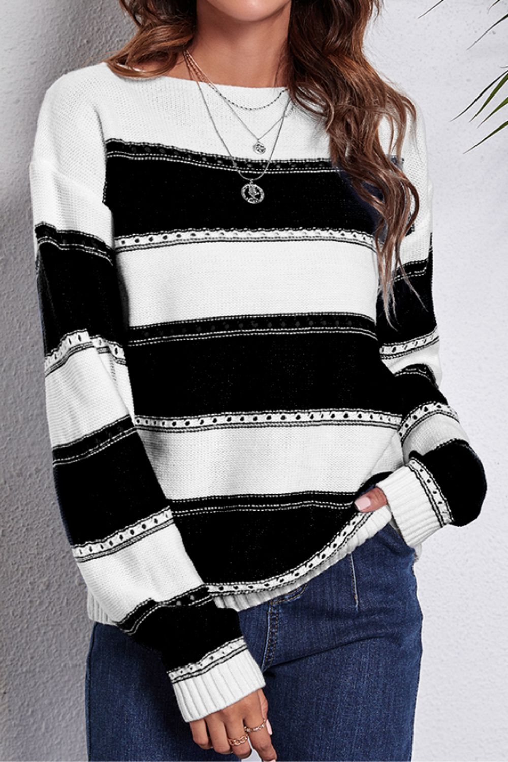 Striped Boat Neck Dropped Shoulder Sweater - Fashorio