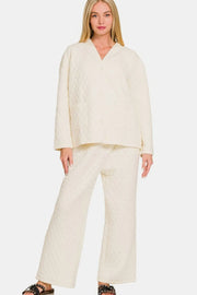 Zenana Quilted Button Up Long Sleeve Top and Pants Lounge Set Cream - Fashorio