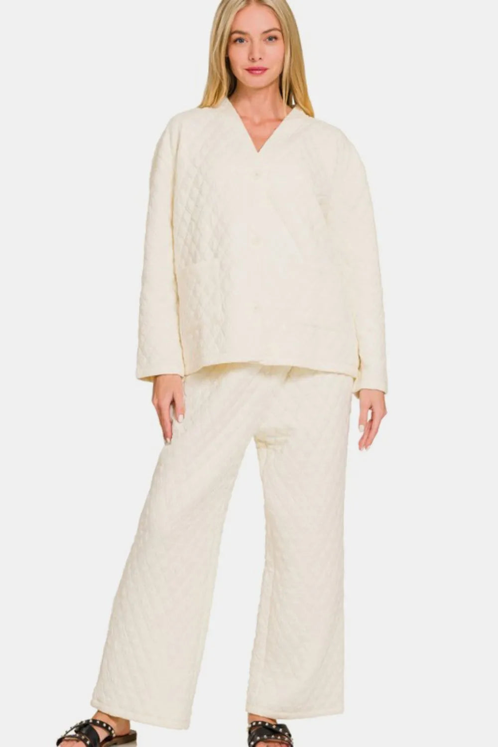 Zenana Quilted Button Up Long Sleeve Top and Pants Lounge Set Cream - Fashorio