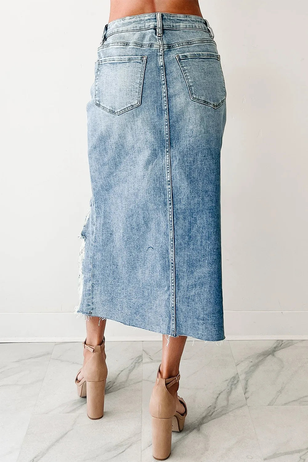 Distressed Asymmetrical Denim Skirt with Frayed Hem - Fashorio