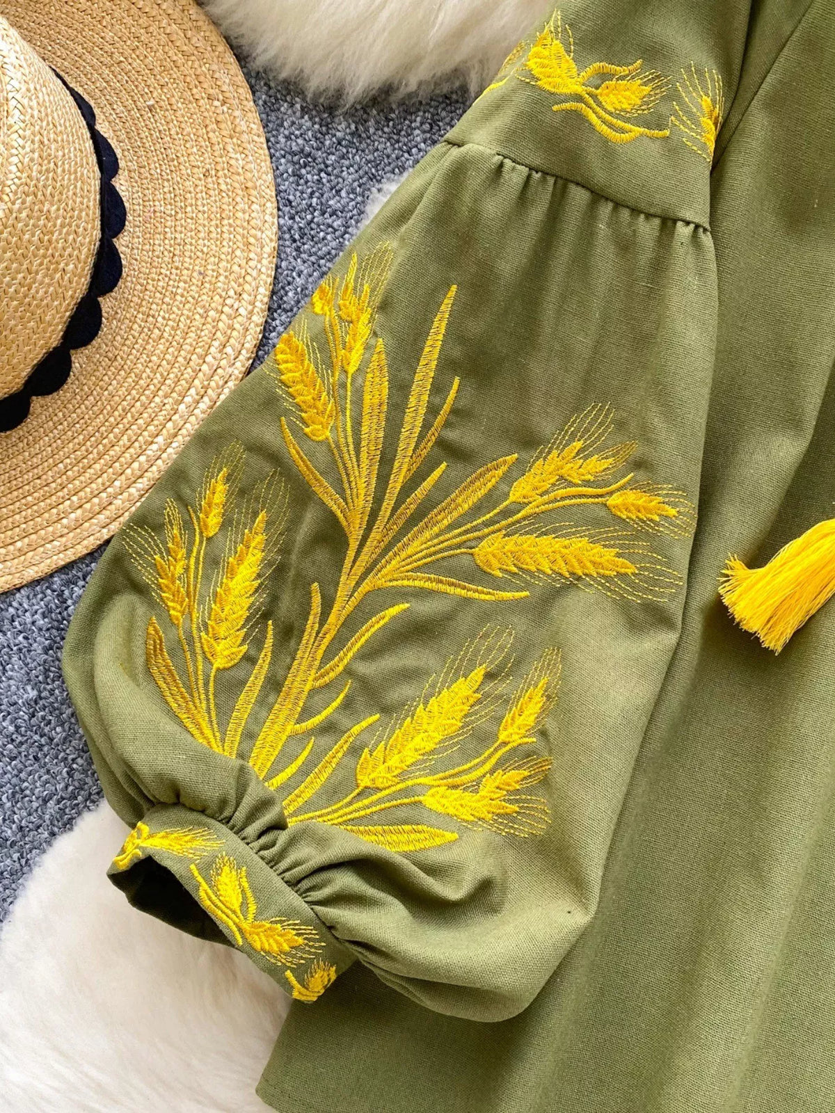 embroidered wheat pattern tie neck blouse styled look