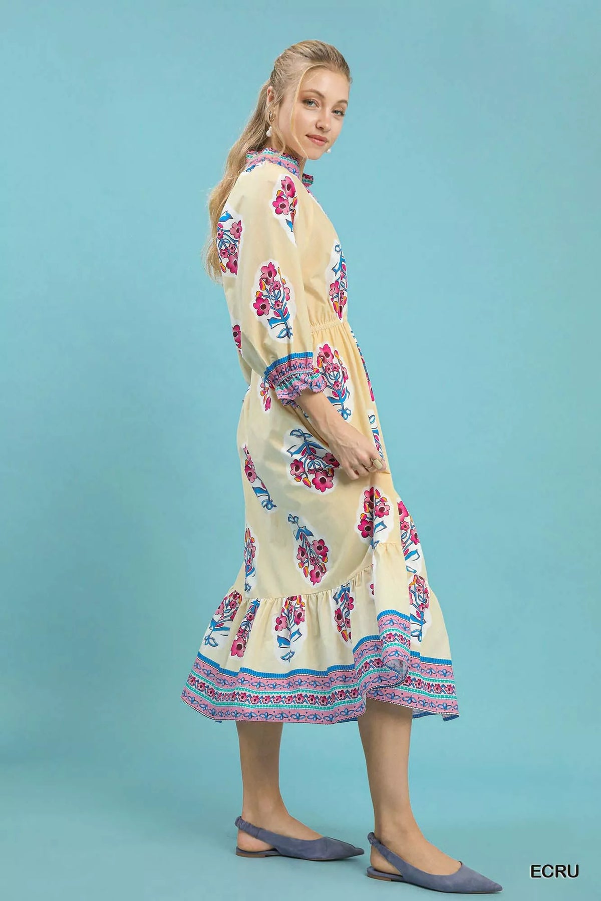 Floral Border Print Midi Dress in Ecru back view