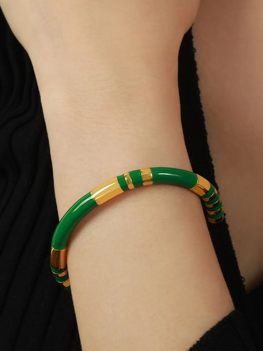 Enamel Titanium Steel Cuff Bracelet Dark Green One Size - Fashorio
