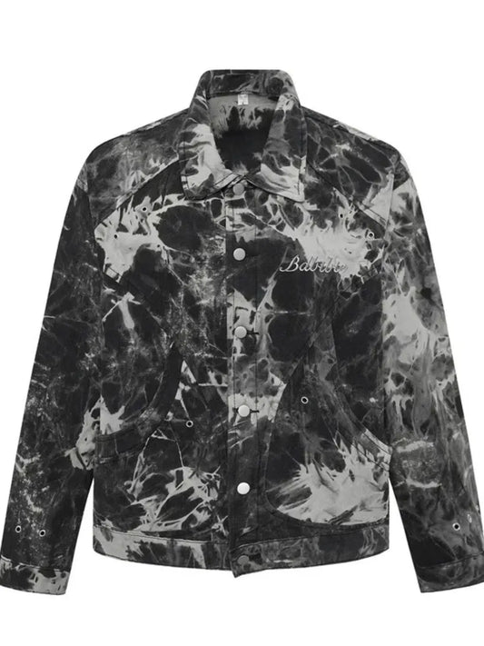 Men's Tie-Dye Button Up Long Sleeve Denim Jacket Black - Fashorio