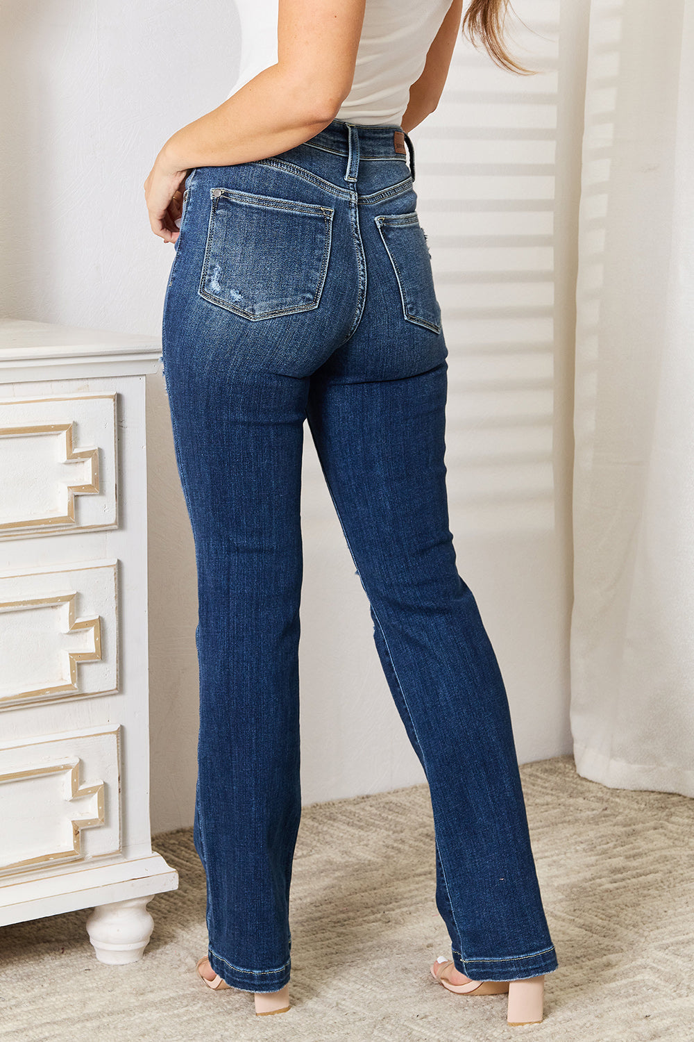 Judy Blue Mid Rise Hand Sand & Destroy Bootcut Jeans – Full Size - Fashorio