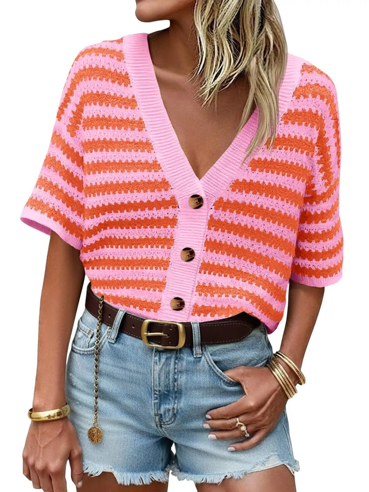 Striped button up cardigan front view