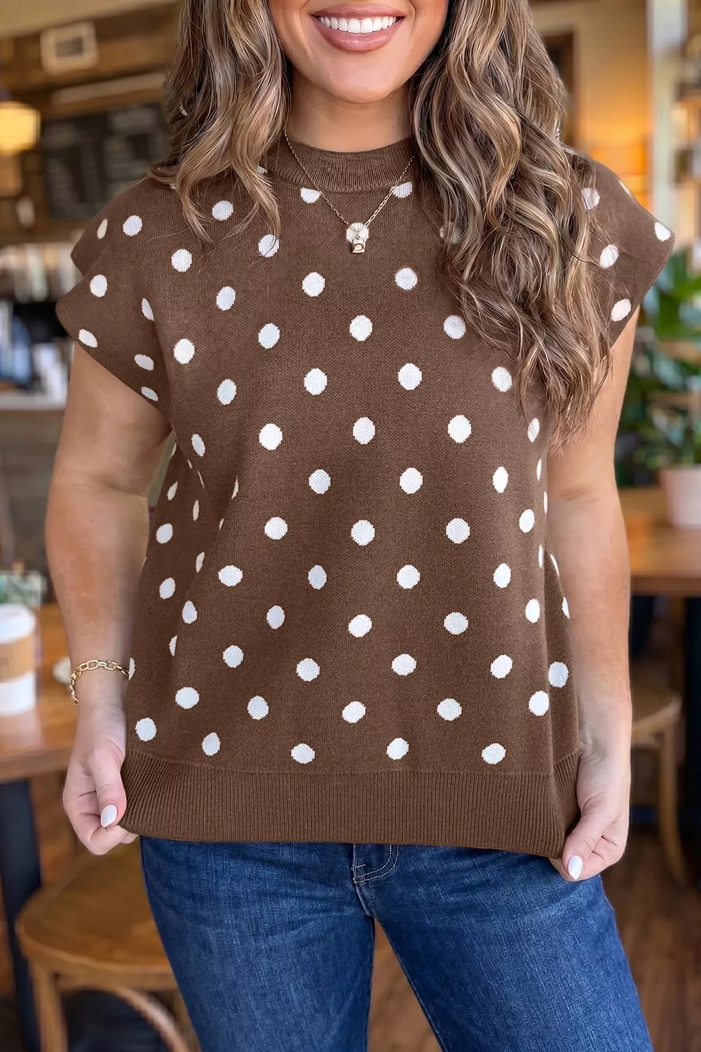 Polka Dot Dolman Short Sleeve Sweater side view