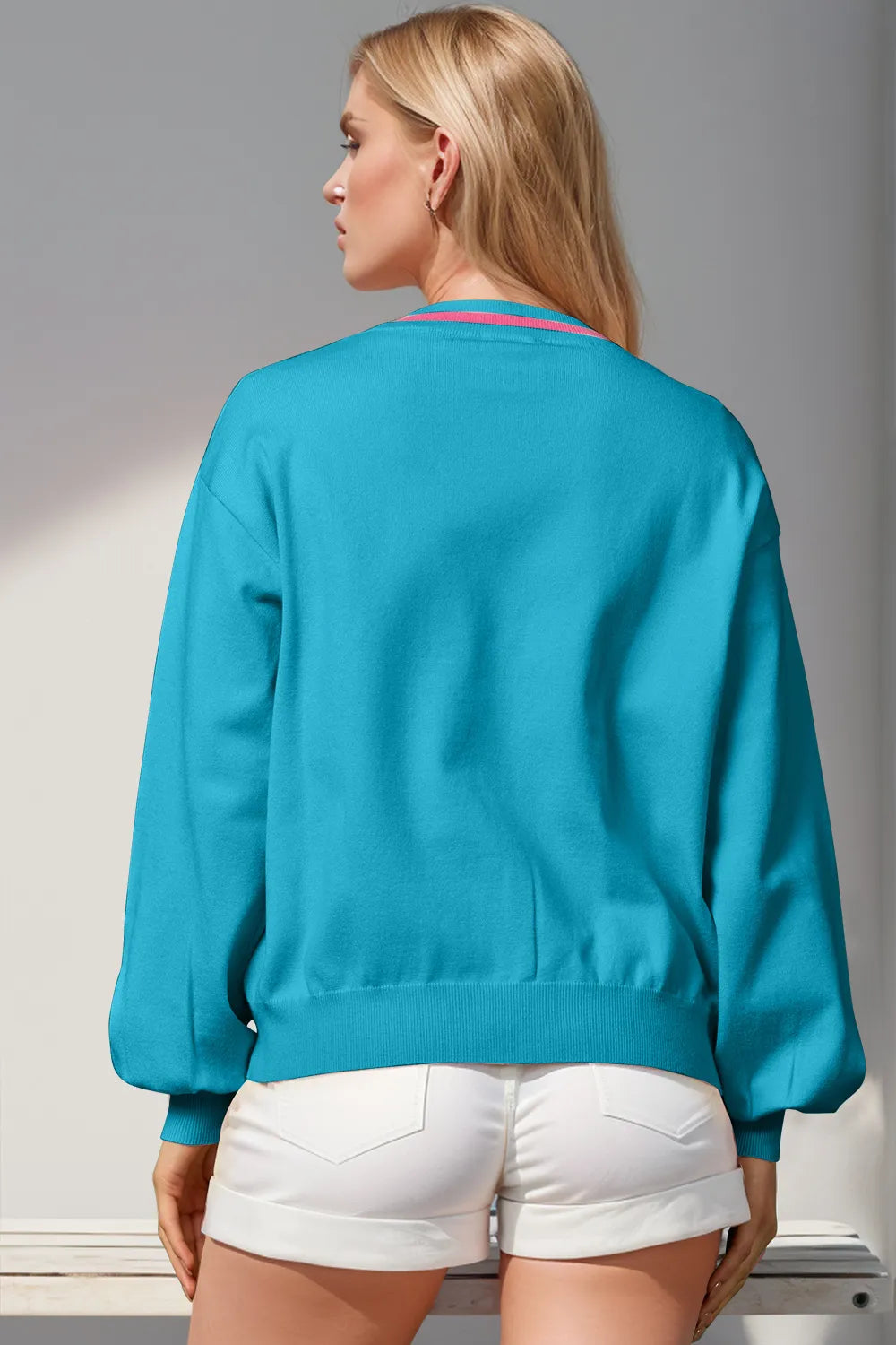 Sequin bow cardigan in cerulean