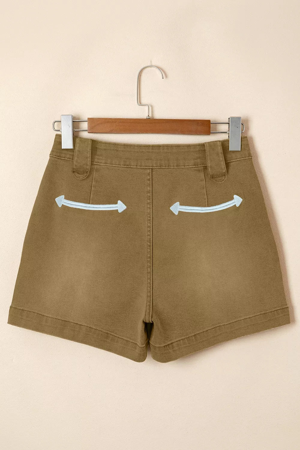 Waistband detail on coffee brown denim shorts