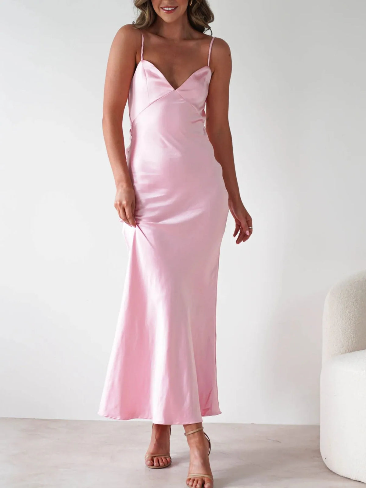 satin backless cami dress front styled