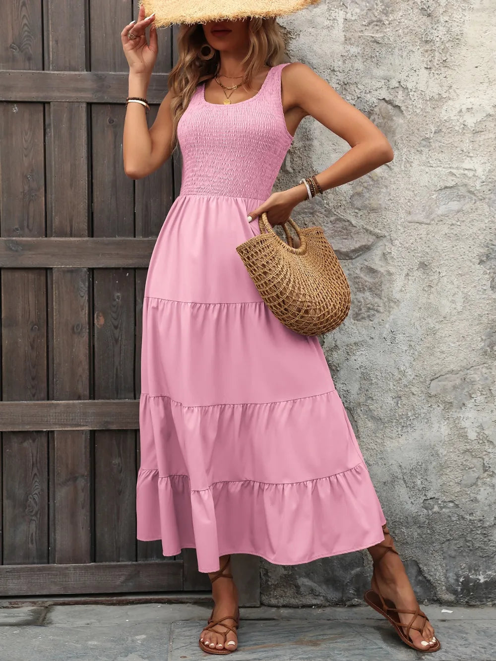 Smocked Scoop Neck Tank Maxi Dress, skirt and hem detail