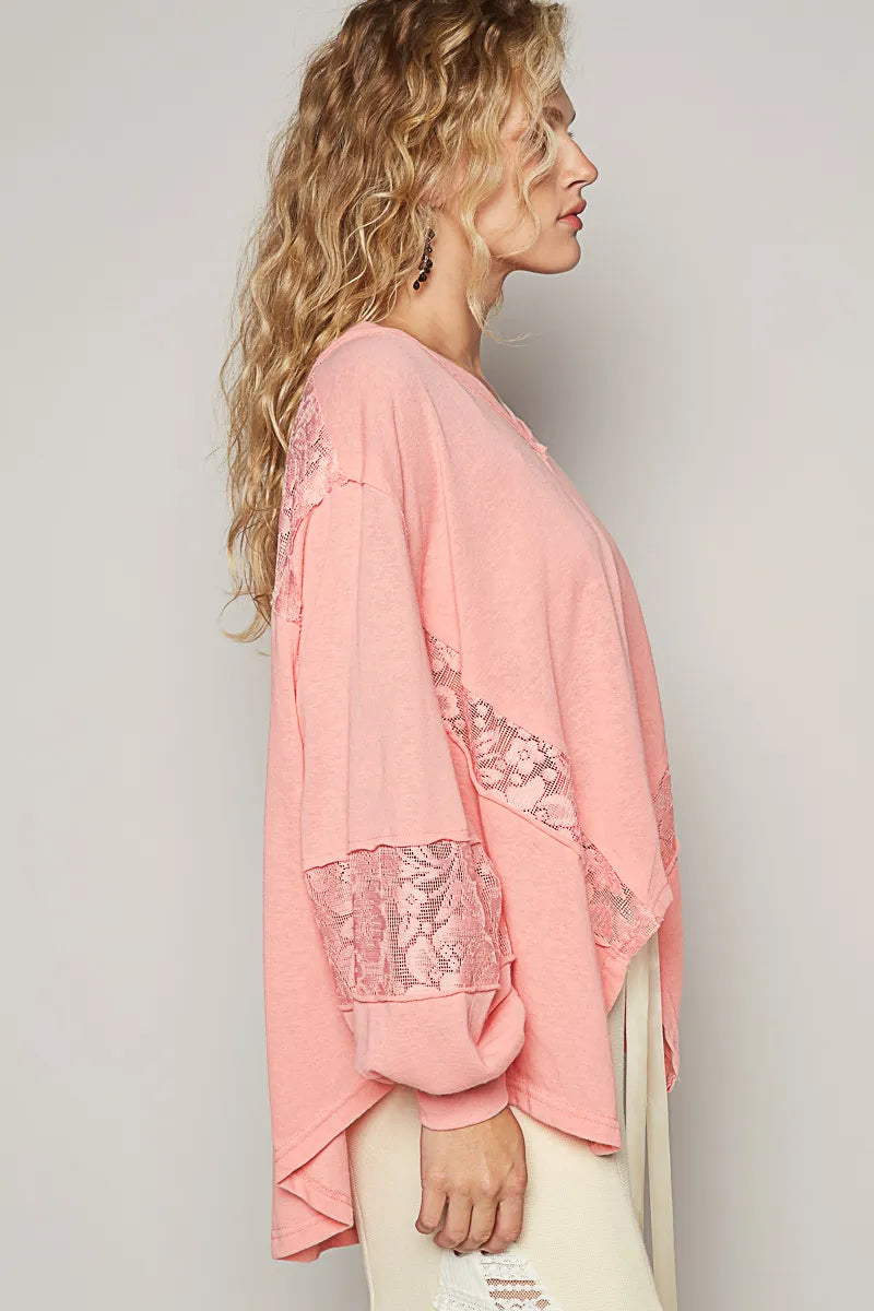 POL V-Neck Long Sleeve T-Shirt with Lace Detail - Fashorio