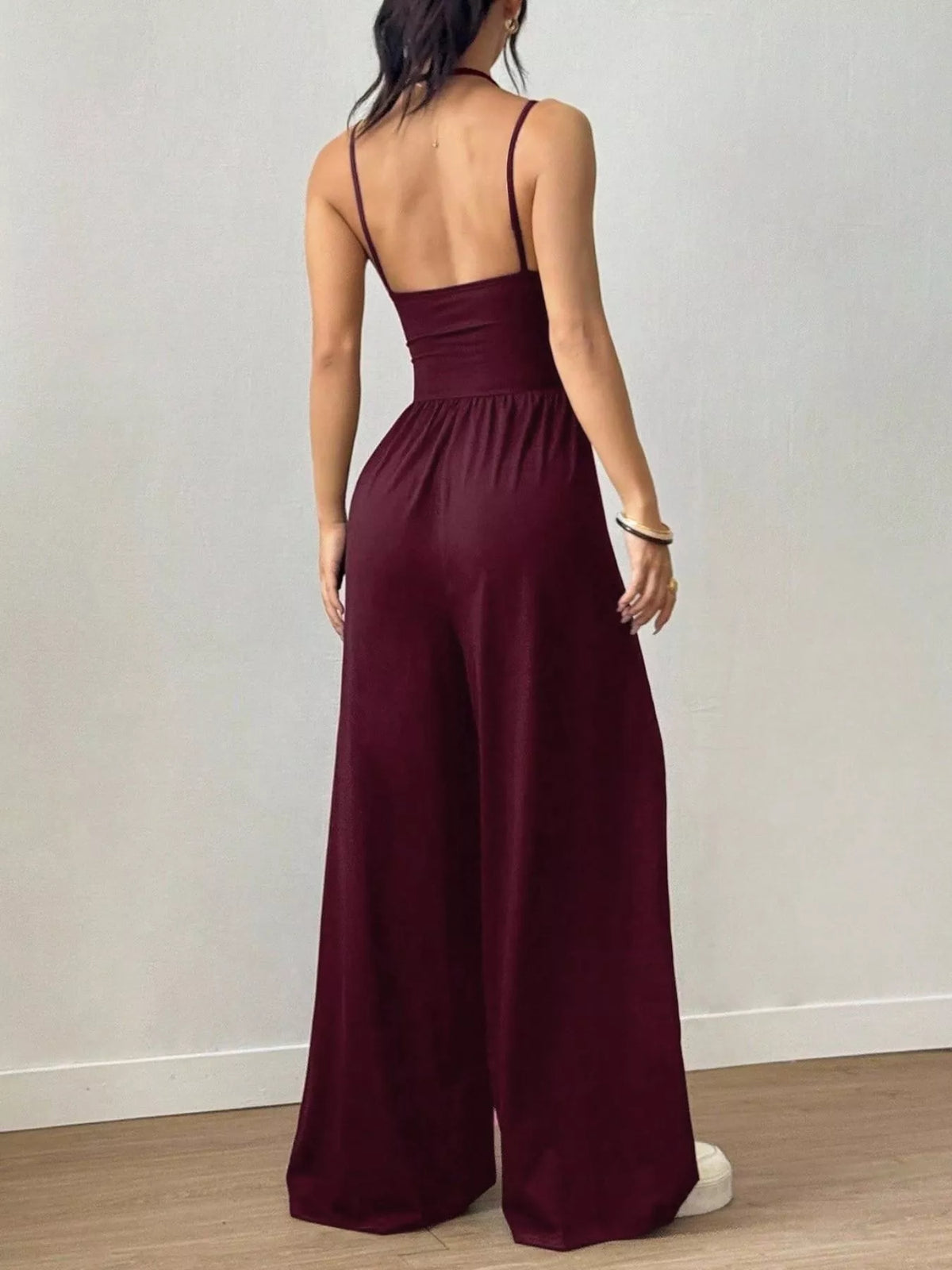 Army green spaghetti strap jumpsuit front view