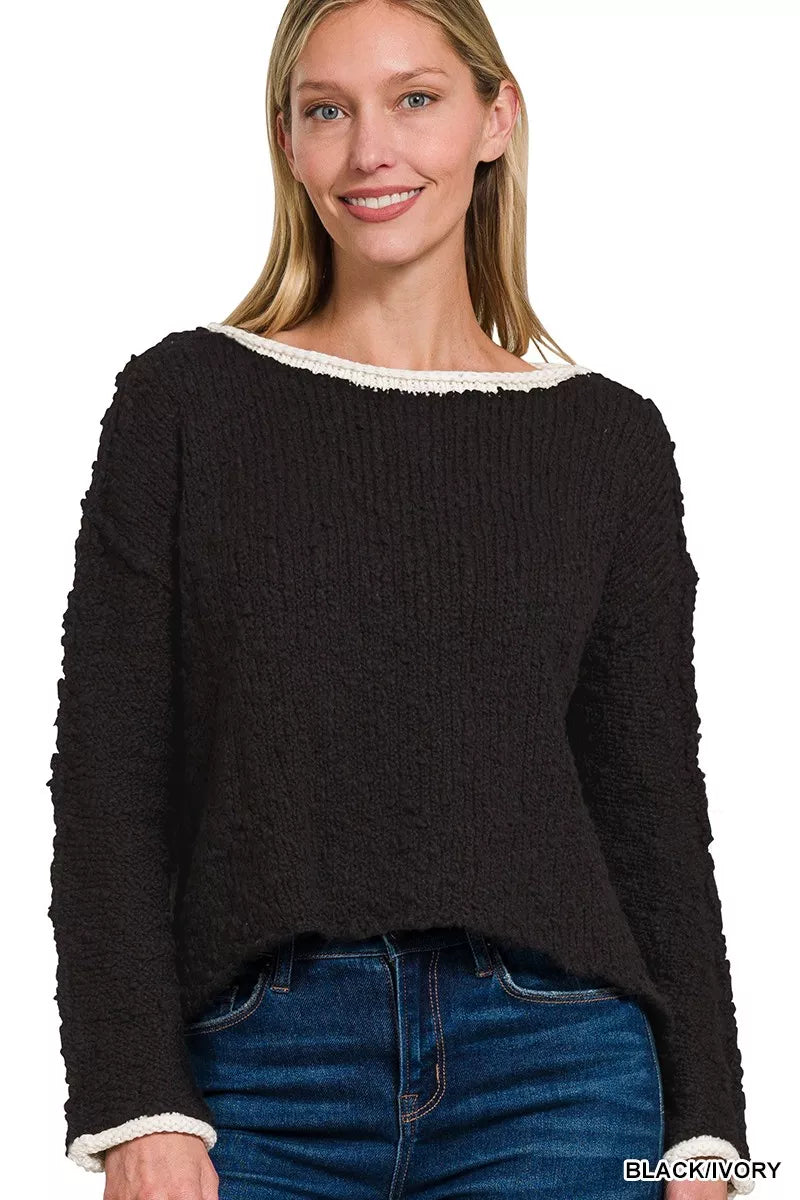 Contrast Trim Cropped Sweater in Black and Ivory