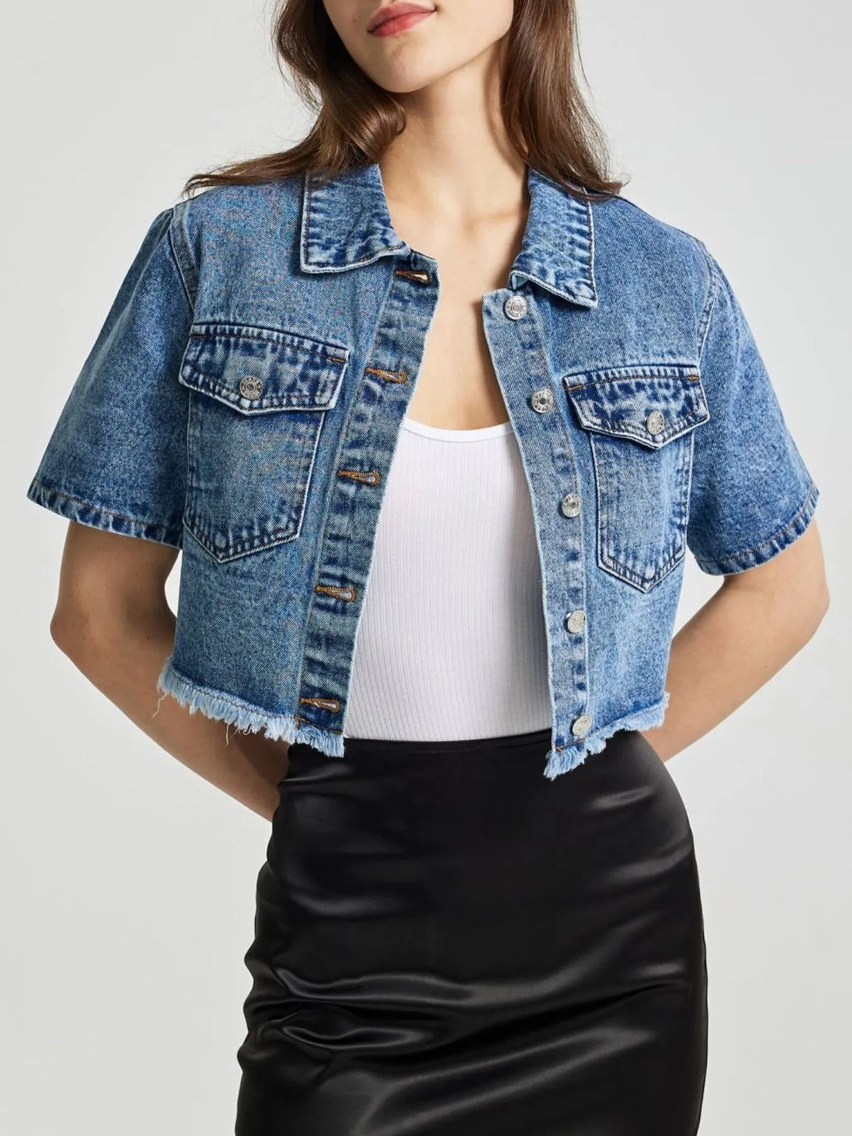Cropped Short Sleeve Denim Jacket in Blue view 7